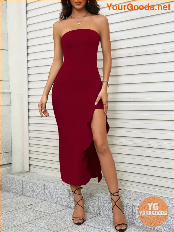 YOURGOODS Elegant Ruffle Trim Thigh Split Dress - YourGoods Online Shop