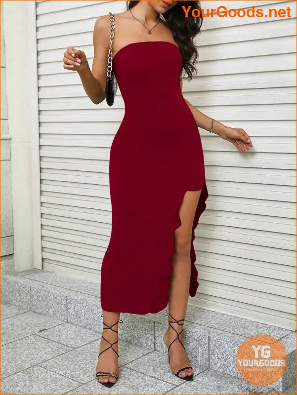 YOURGOODS Elegant Ruffle Trim Thigh Split Dress - YourGoods Online Shop