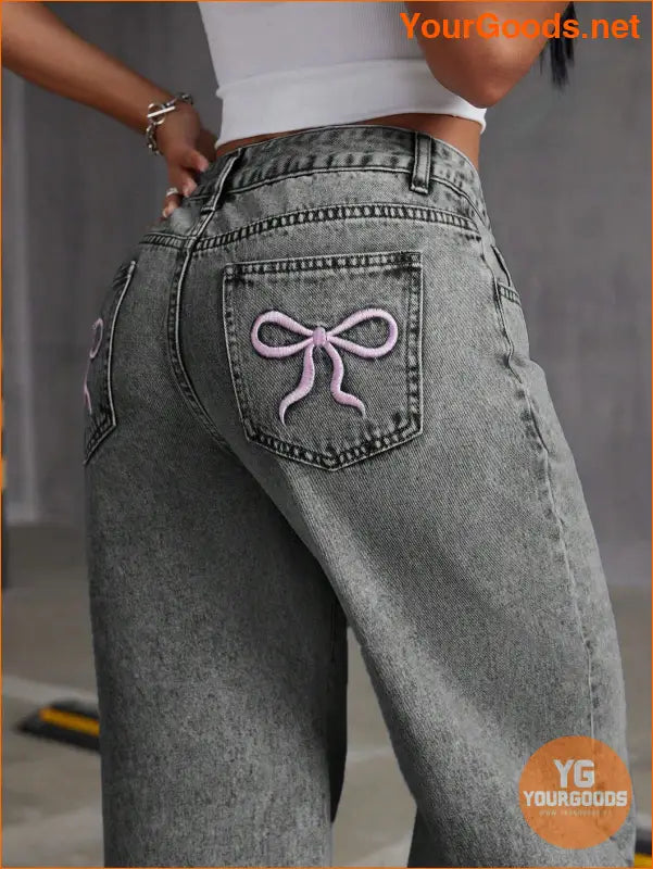 YOURGOODS Embroidered Bowknot Washed Denim Jeans - YourGoods Online Shop