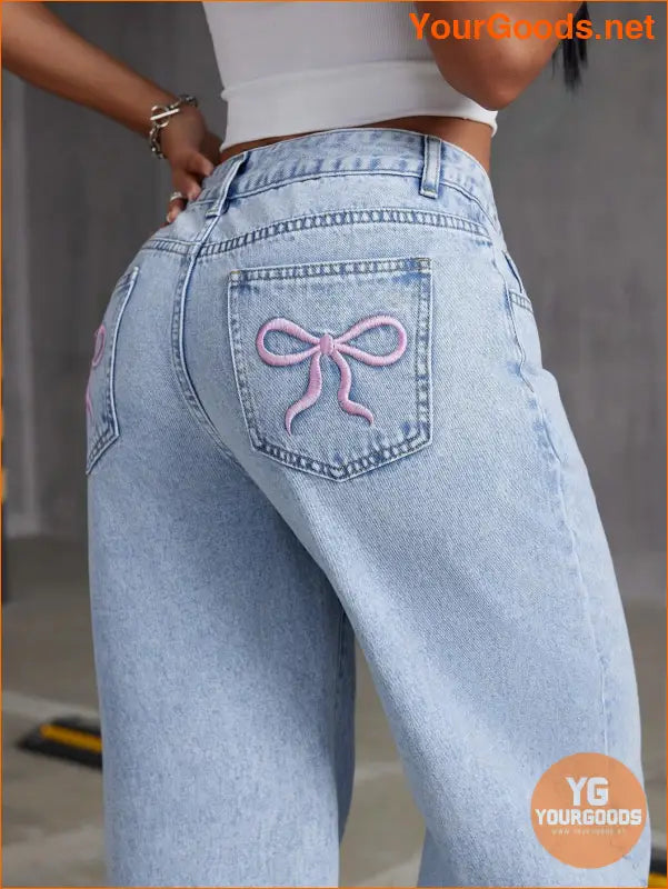 YOURGOODS Embroidered Bowknot Washed Denim Jeans - YourGoods Online Shop