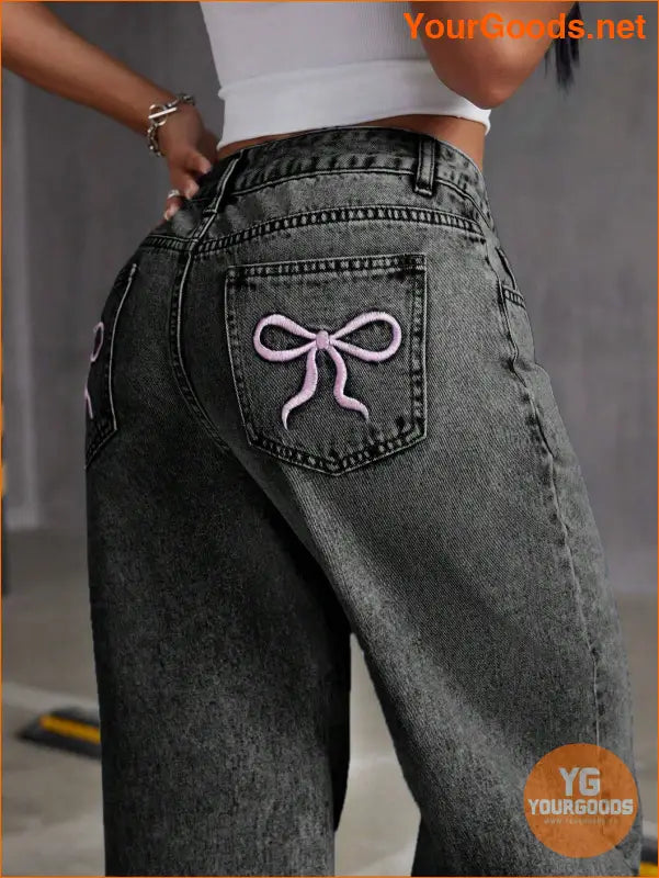 YOURGOODS Embroidered Bowknot Washed Denim Jeans - YourGoods Online Shop