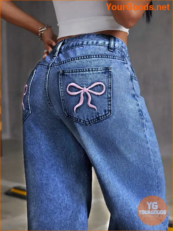 YOURGOODS Embroidered Bowknot Washed Denim Jeans - YourGoods Online Shop