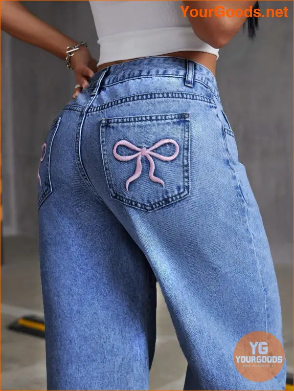 YOURGOODS Embroidered Bowknot Washed Denim Jeans - YourGoods Online Shop