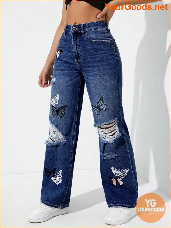 YOURGOODS EZwear Butterfly Print Ripped Jeans - YourGoods Online Shop