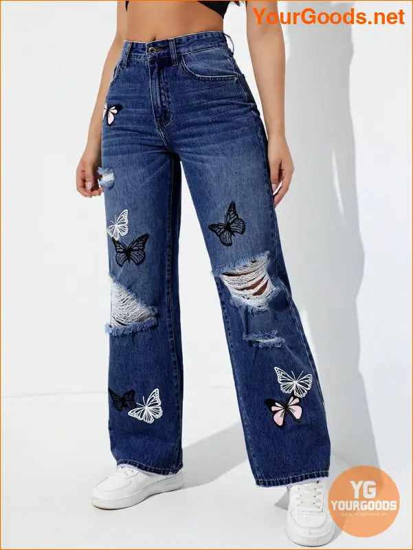 YOURGOODS EZwear Butterfly Print Ripped Jeans - YourGoods Online Shop