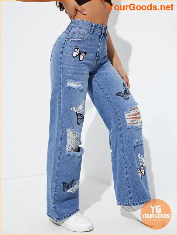 YOURGOODS EZwear Butterfly Print Ripped Jeans - YourGoods Online Shop