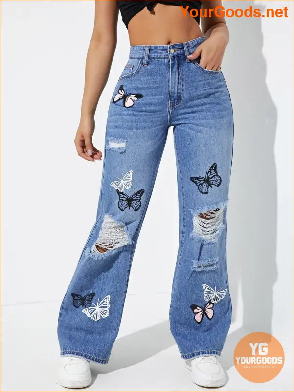 YOURGOODS EZwear Butterfly Print Ripped Jeans - YourGoods Online Shop