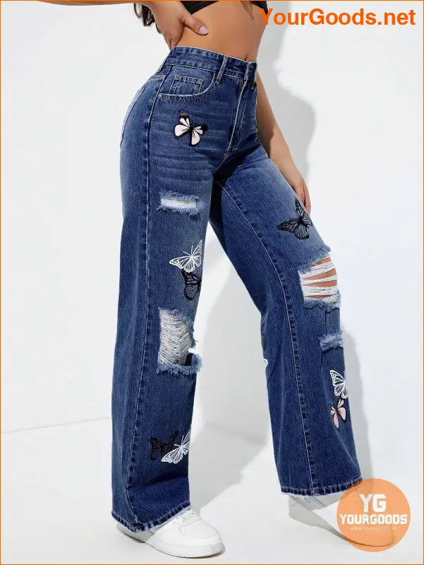 YOURGOODS EZwear Butterfly Print Ripped Jeans - YourGoods Online Shop