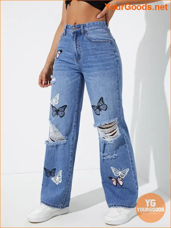 YOURGOODS EZwear Butterfly Print Ripped Jeans - YourGoods Online Shop