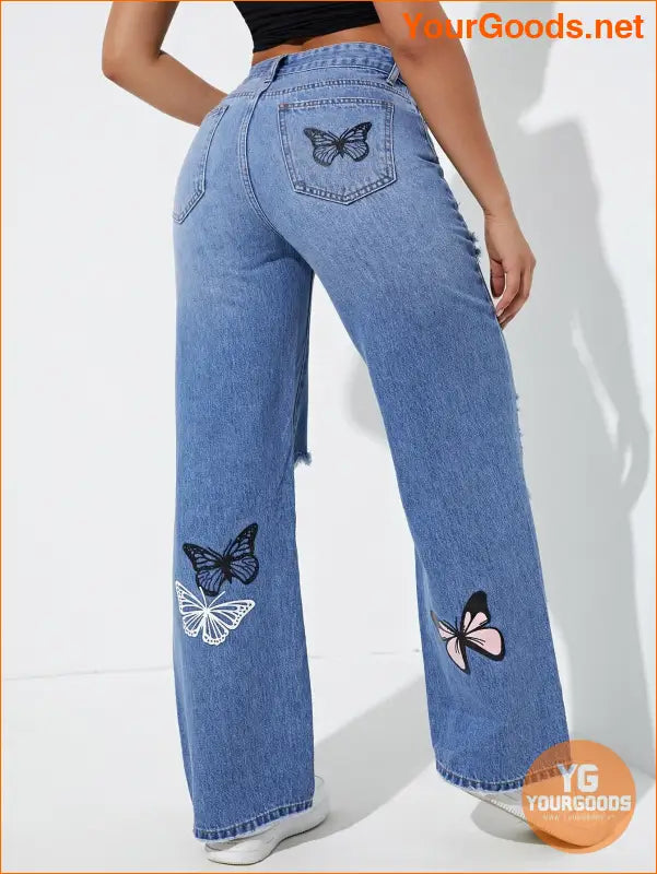 YOURGOODS EZwear Butterfly Print Ripped Jeans - YourGoods Online Shop