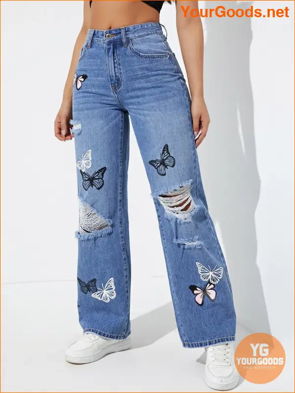 YOURGOODS EZwear Butterfly Print Ripped Jeans - YourGoods Online Shop