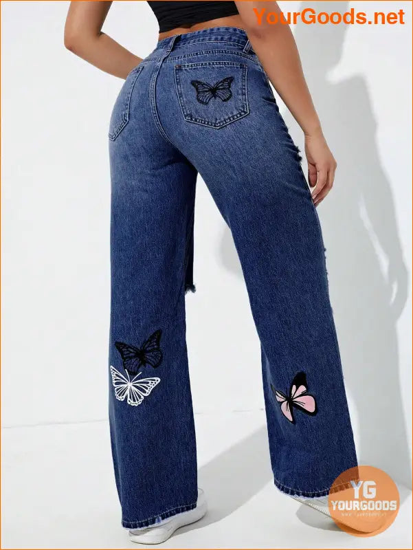 YOURGOODS EZwear Butterfly Print Ripped Jeans - YourGoods Online Shop