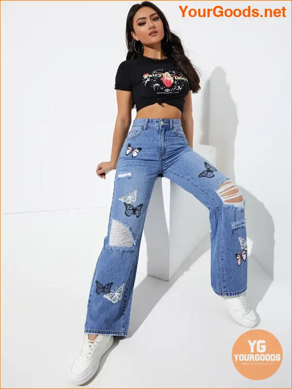 YOURGOODS EZwear Butterfly Print Ripped Jeans - YourGoods Online Shop