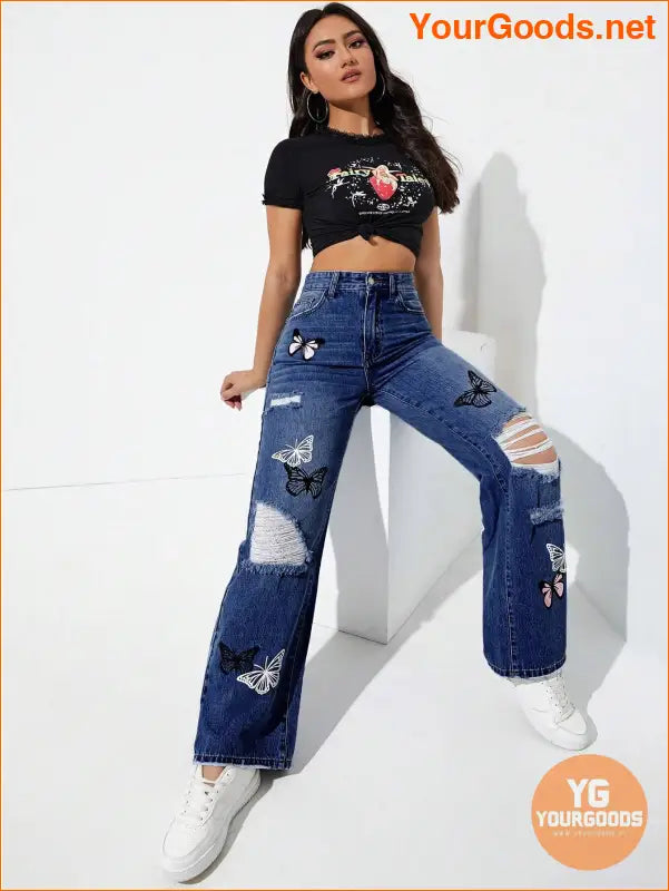 YOURGOODS EZwear Butterfly Print Ripped Jeans - YourGoods Online Shop