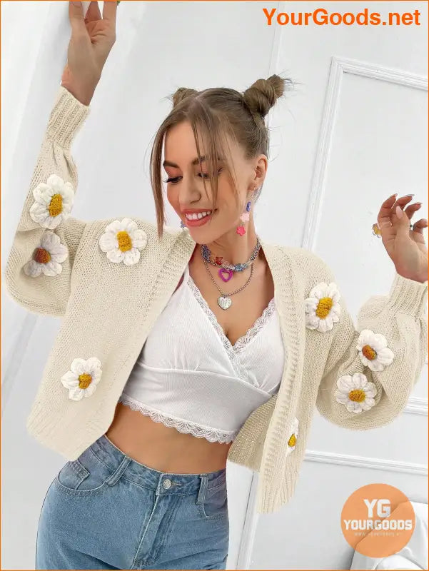 YOURGOODS EZwear Floral Applique Crochet Cardigan - YourGoods Online Shop