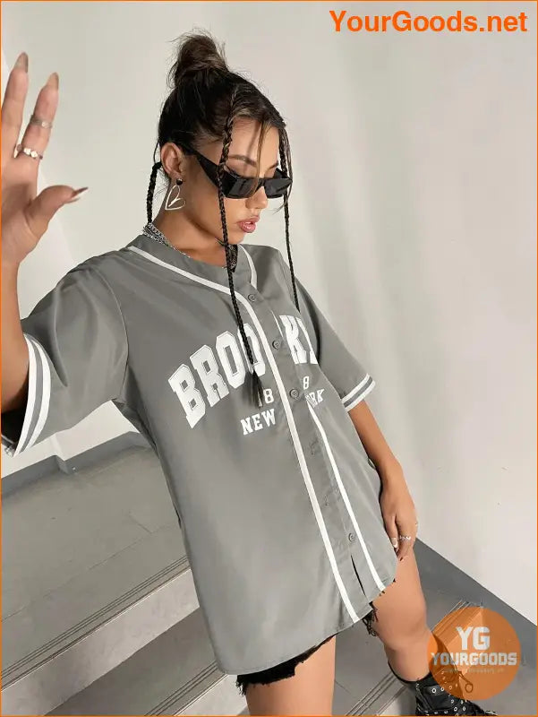 YOURGOODS EZwear Letter Graphic Baseball Shirt - YourGoods Online Shop