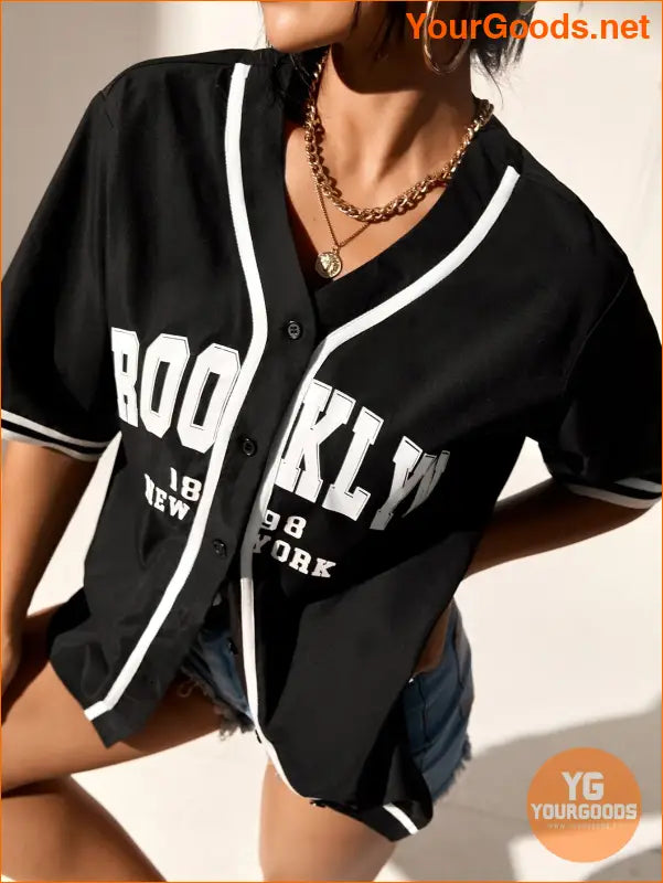 YOURGOODS EZwear Letter Graphic Baseball Shirt - YourGoods Online Shop