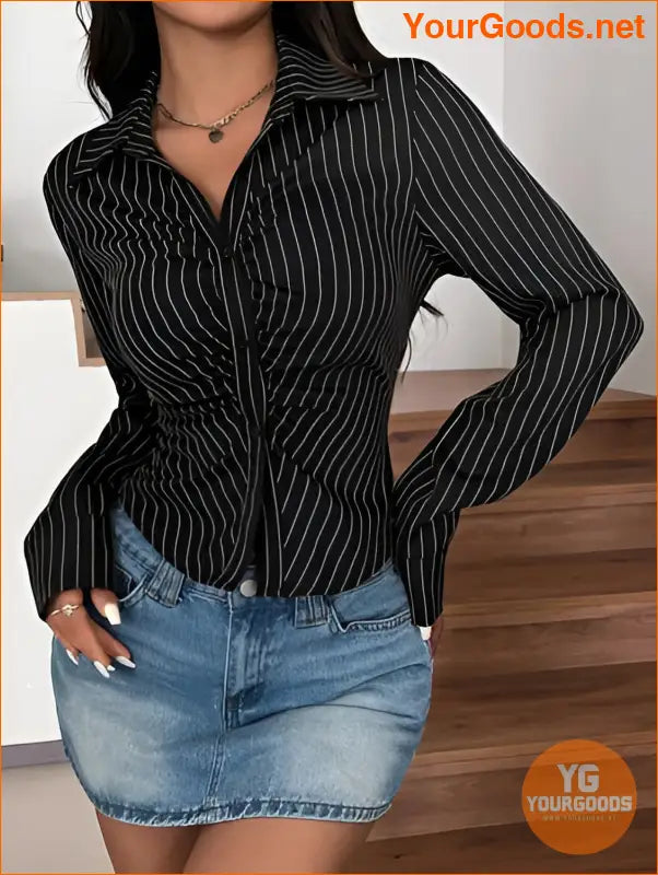 YOURGOODS EZwear Ruched Striped Shirt with Fitted Sleeves - YourGoods Online Shop