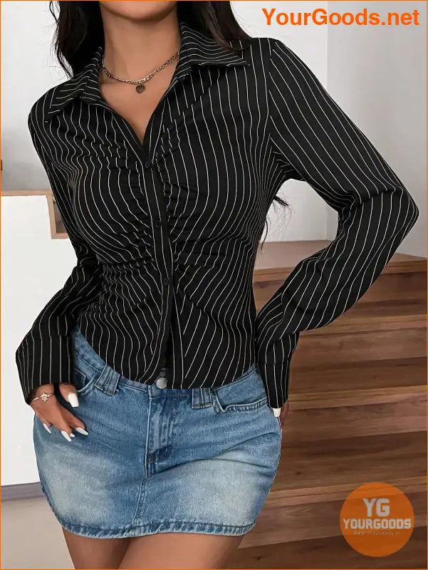 YOURGOODS EZwear Ruched Striped Shirt with Fitted Sleeves - YourGoods Online Shop