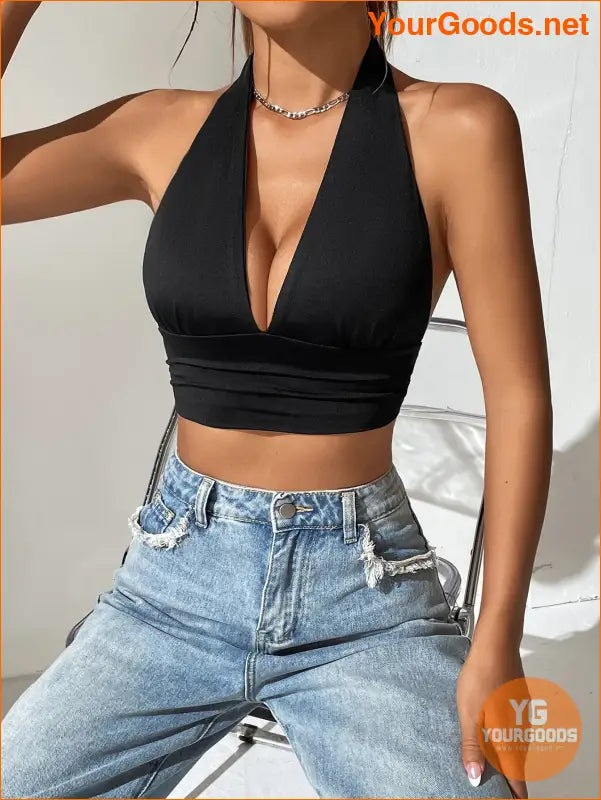 YOURGOODS EZwear Solid Backless Halter Crop Top - YourGoods Online Shop