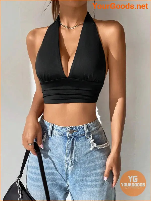 YOURGOODS EZwear Solid Backless Halter Crop Top - YourGoods Online Shop