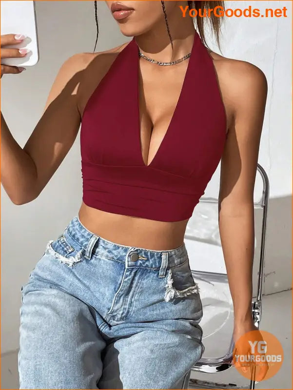 YOURGOODS EZwear Solid Backless Halter Crop Top - YourGoods Online Shop