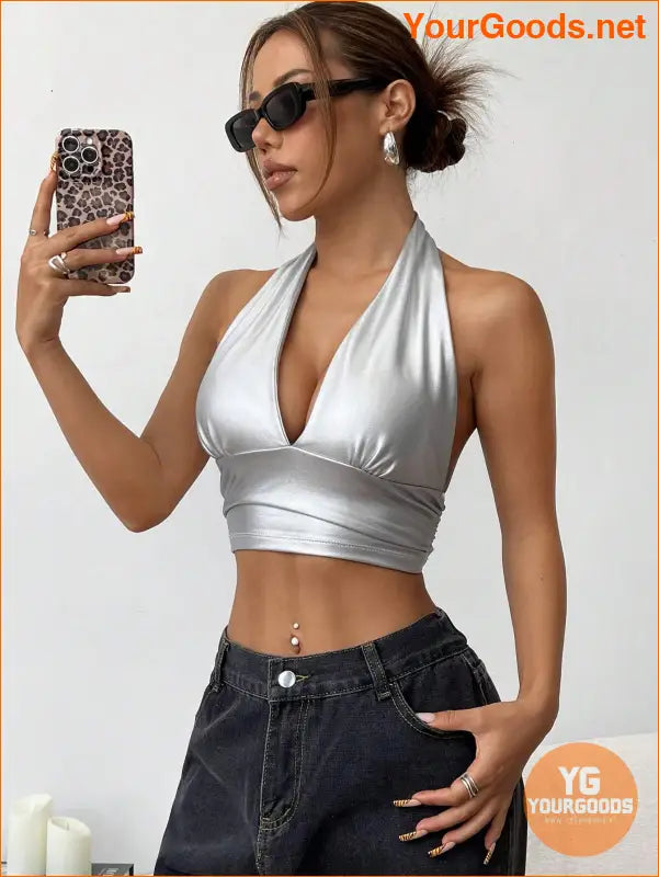 YOURGOODS EZwear Solid Backless Halter Crop Top - YourGoods Online Shop