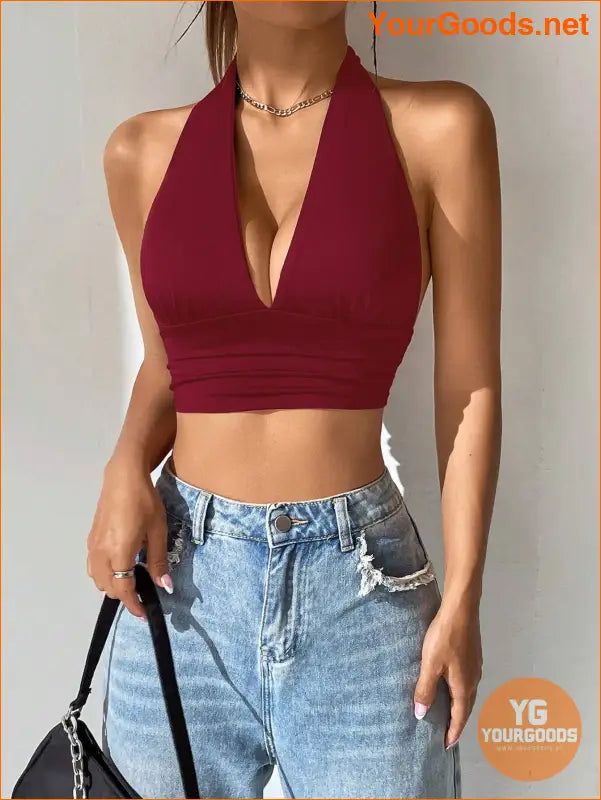 YOURGOODS EZwear Solid Backless Halter Crop Top - YourGoods Online Shop