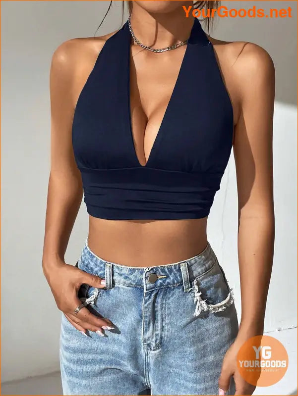 YOURGOODS EZwear Solid Backless Halter Crop Top - YourGoods Online Shop