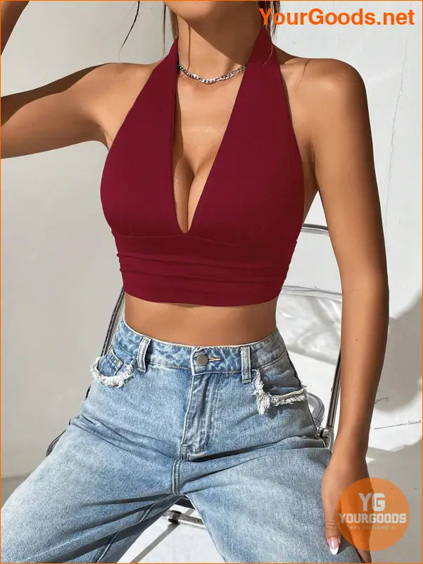 YOURGOODS EZwear Solid Backless Halter Crop Top - YourGoods Online Shop