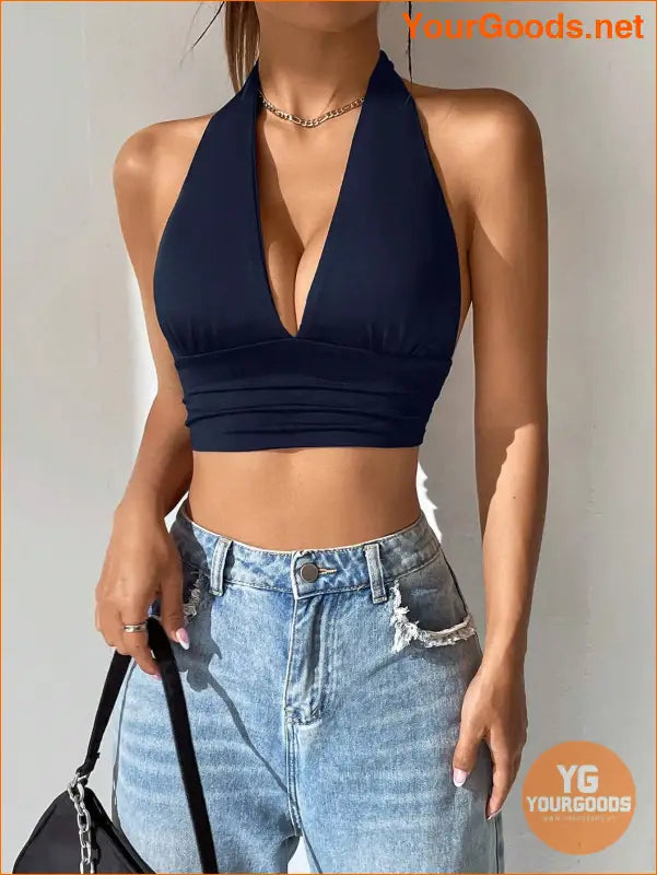 YOURGOODS EZwear Solid Backless Halter Crop Top - YourGoods Online Shop