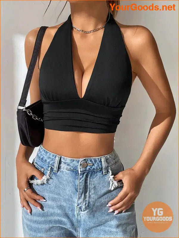 YOURGOODS EZwear Solid Backless Halter Crop Top - YourGoods Online Shop