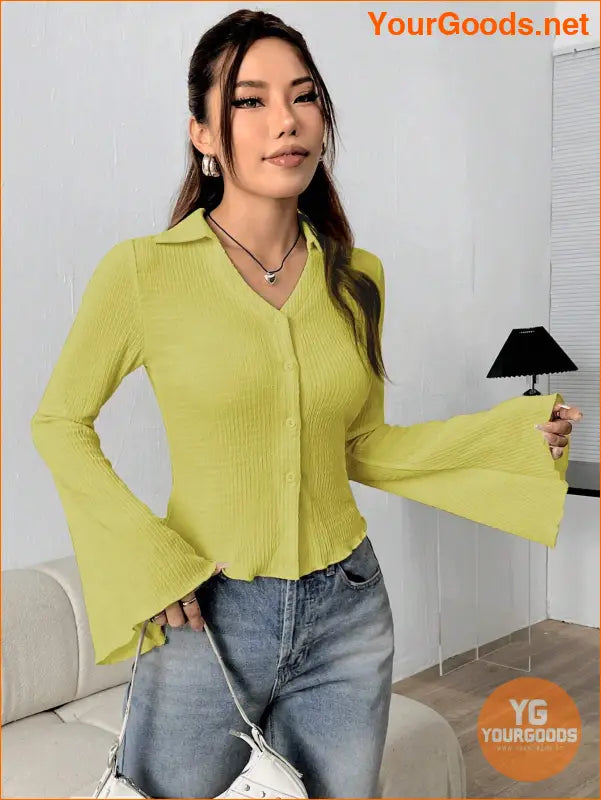 YOURGOODS EZwear Solid Color Bell Sleeve Blouse - YourGoods Online Shop