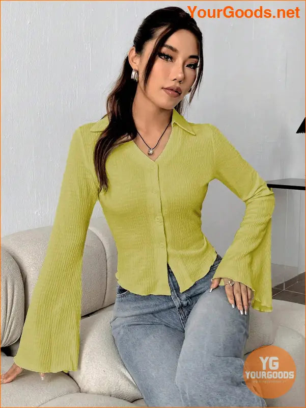 YOURGOODS EZwear Solid Color Bell Sleeve Blouse - YourGoods Online Shop