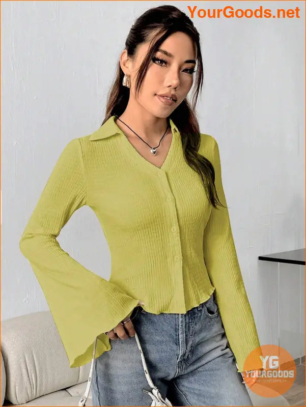 YOURGOODS EZwear Solid Color Bell Sleeve Blouse - YourGoods Online Shop