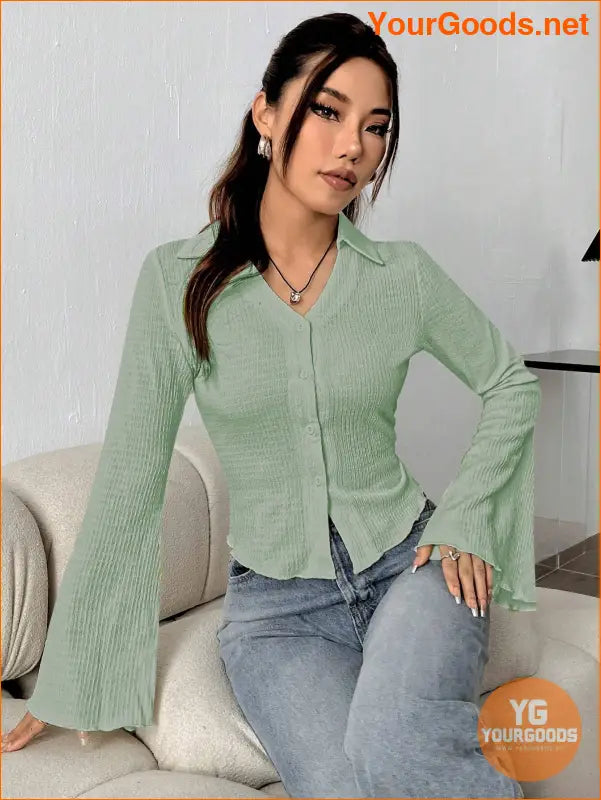 YOURGOODS EZwear Solid Color Bell Sleeve Blouse - YourGoods Online Shop