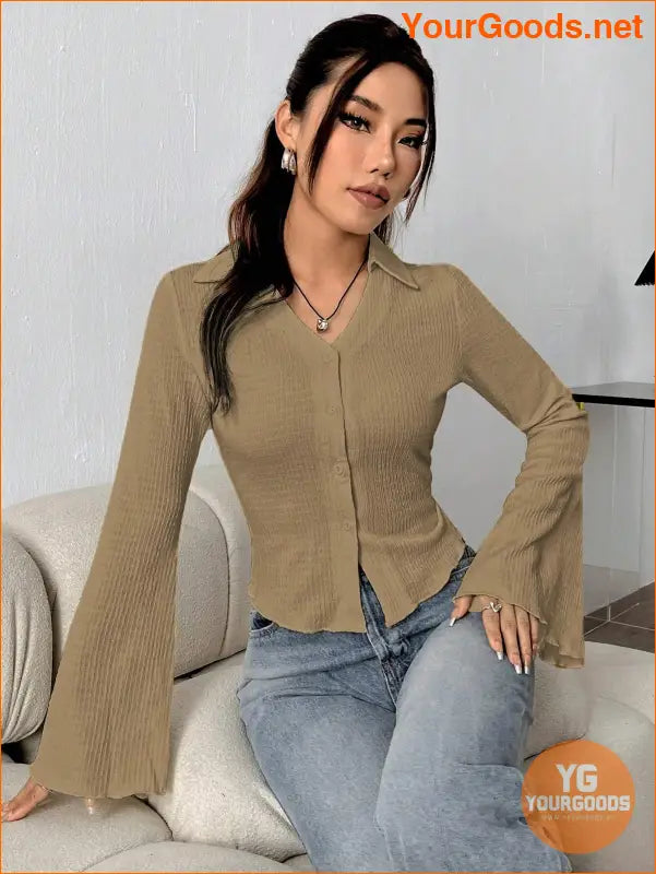 YOURGOODS EZwear Solid Color Bell Sleeve Blouse - YourGoods Online Shop