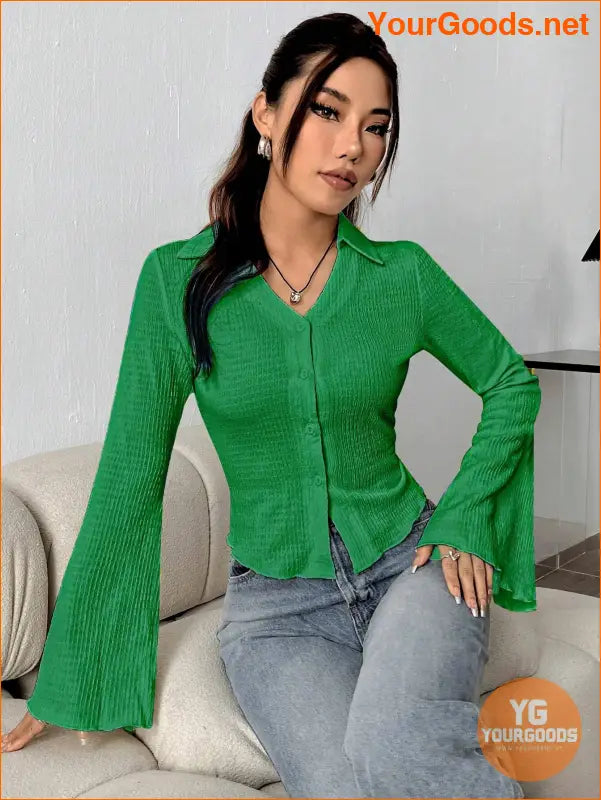 YOURGOODS EZwear Solid Color Bell Sleeve Blouse - YourGoods Online Shop