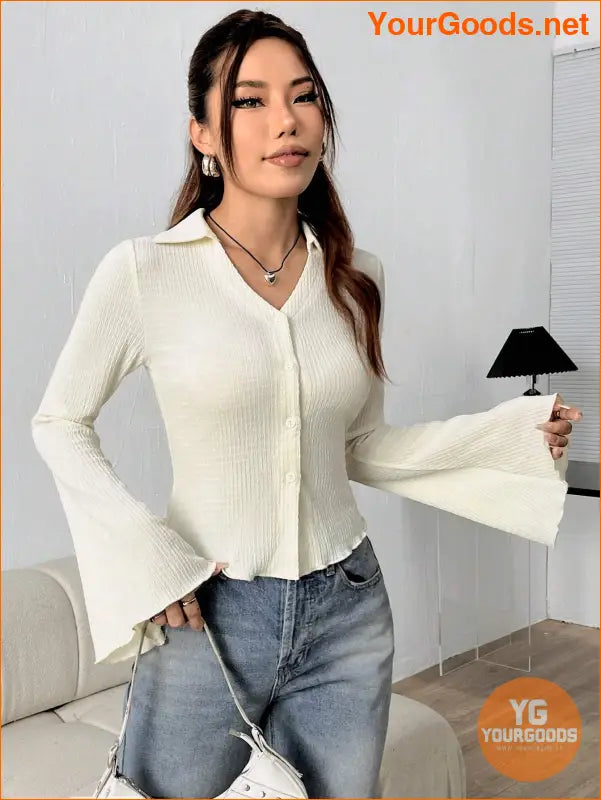 YOURGOODS EZwear Solid Color Bell Sleeve Blouse - YourGoods Online Shop