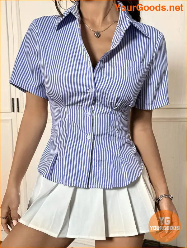 YOURGOODS EZwear Striped Button Down Cinched Waist Shirt - YourGoods Online Shop