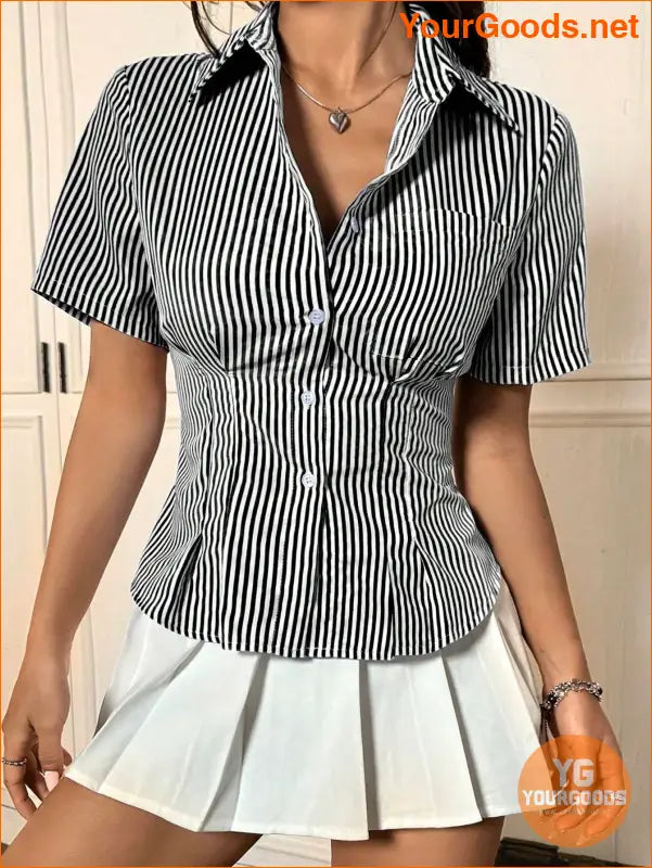 YOURGOODS EZwear Striped Button Down Cinched Waist Shirt - YourGoods Online Shop