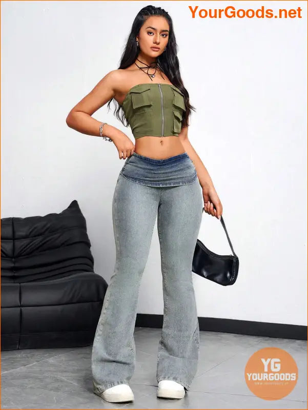 YOURGOODS EZwear Womens Flared Jeans with Waist Pleats - YourGoods Online Shop