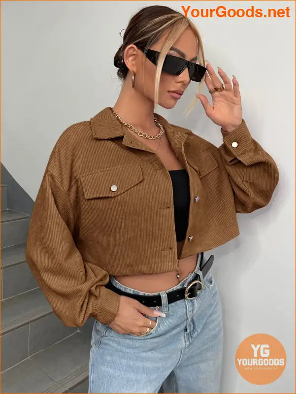 YOURGOODS Flap Detail Drop Shoulder Crop Corduroy Jacket - YourGoods Online Shop