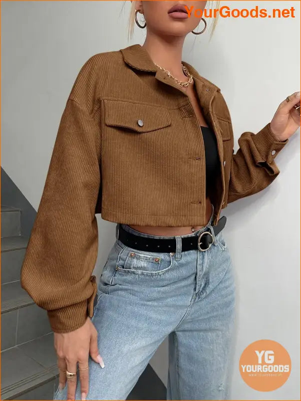 YOURGOODS Flap Detail Drop Shoulder Crop Corduroy Jacket - YourGoods Online Shop