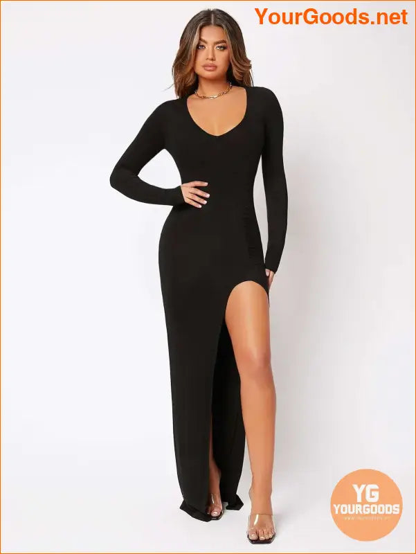 YOURGOODS Flirty Thigh High Slit Black Dress - YourGoods Online Shop