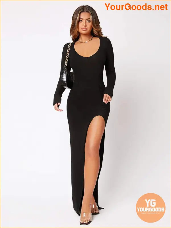 YOURGOODS Flirty Thigh High Slit Black Dress - YourGoods Online Shop