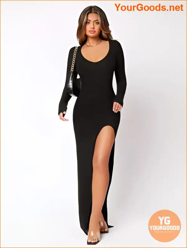 YOURGOODS Flirty Thigh High Slit Black Dress - YourGoods Online Shop