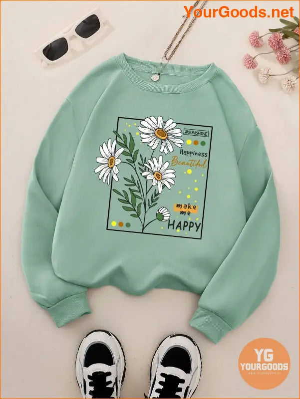 YOURGOODS Floral And Slogan Graphic Thermal Lined Sweatshirt SUNSHINE Happiness Beautiful Make Me HAPPY - YourGoods Online Shop