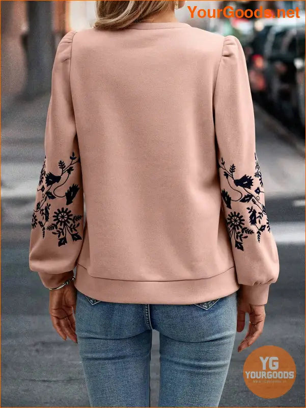 YOURGOODS Floral Embroidery Puff Sleeve Sweatshirt - YourGoods Online Shop