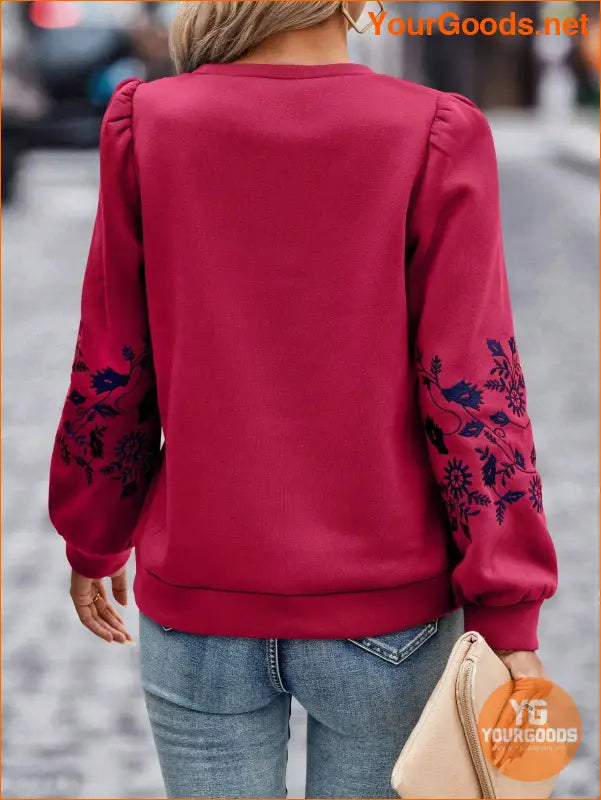 YOURGOODS Floral Embroidery Puff Sleeve Sweatshirt - YourGoods Online Shop